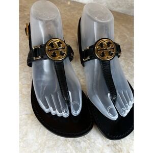 Tory Burch Women's Black Leather Size 7.5 Thong Sandals Gold Logo